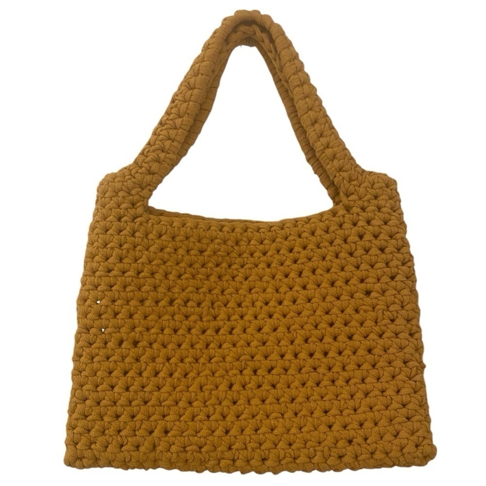 Vintage Handmade Crochet Woven Small Tote Bag Mustard Yellow Boho Trapillo